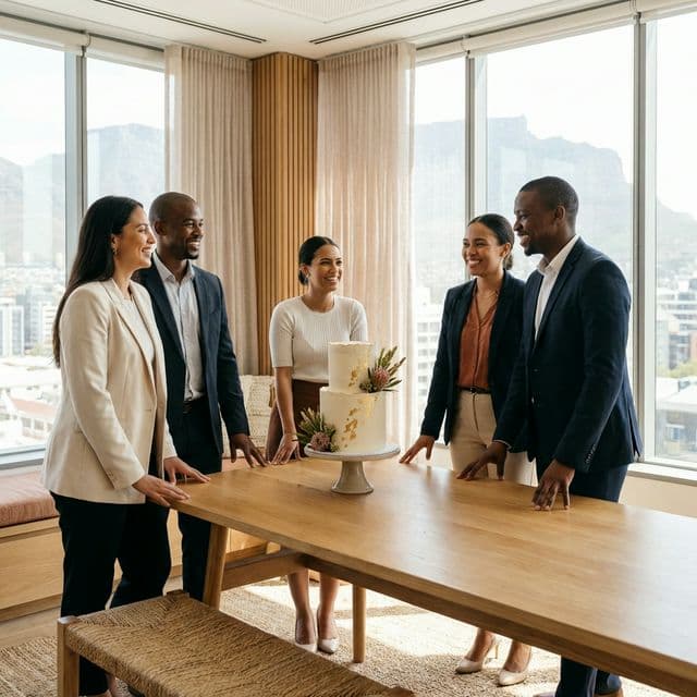 Diverse corporate team gathered around a premium minimalist birthday cake in an elegant office